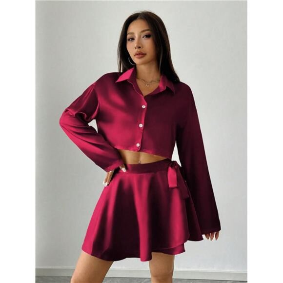 2pcs Women 1-Button Satin Blouse & Mini Skirt Set, Autumn - Picture 6 of 7